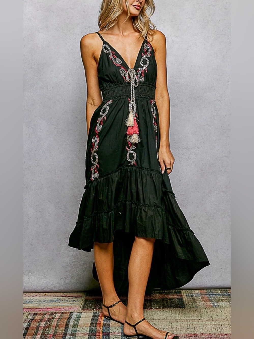 ⛱️ H073 New Pol L ptp 18-24 w15-24 Black Embroidered High-Low Tassel Dress